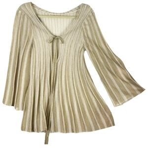 MISSONI Dress Tunic Top EU48~M~L ITALY Gold Shimmer Pleated V TieBow Bell-Long-S